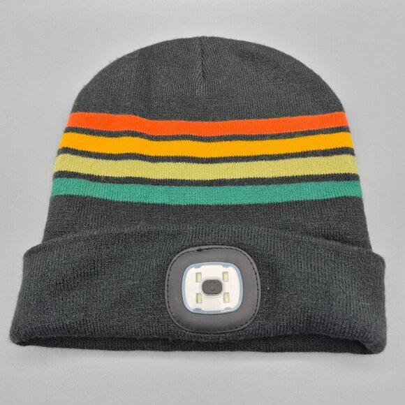 Night Scope Men's Gray Striped Beanie Hat With Headlamp One Size Work Outdoors - Picture 2 of 7